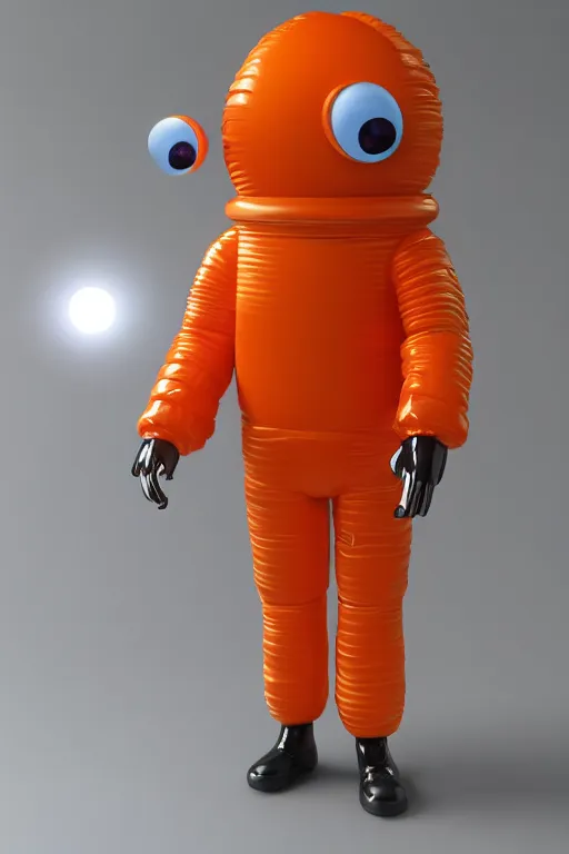 Prompt: still figurine of a tall giant inflated space man action figure wearing over sized orange puffy bomber jacket, googly eyes, tareme eyes, small head, personification, dynamic pose, detailed product photo, tone mapped, beautiful composition, 8 5 mm, f 5. 8, soft lighting