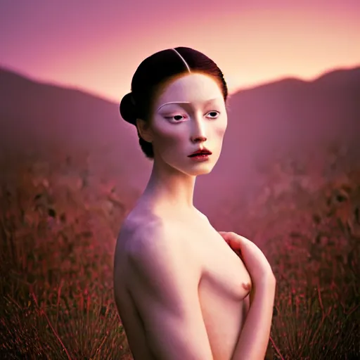 Image similar to photographic portrait of a stunningly beautiful renaissance female with geisha makeup in soft dreamy light at sunset, contemporary fashion shoot, by edward robert hughes, annie leibovitz and steve mccurry, david lazar, jimmy nelsson, breathtaking, 8 k resolution, extremely detailed, beautiful, establishing shot, artistic, hyperrealistic, beautiful face, octane render