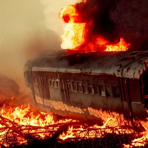 Image similar to trainwreck, boxcar on fire, atmospheric and depressed, post-apocalyptic, Cinematic, film still from a horror movie