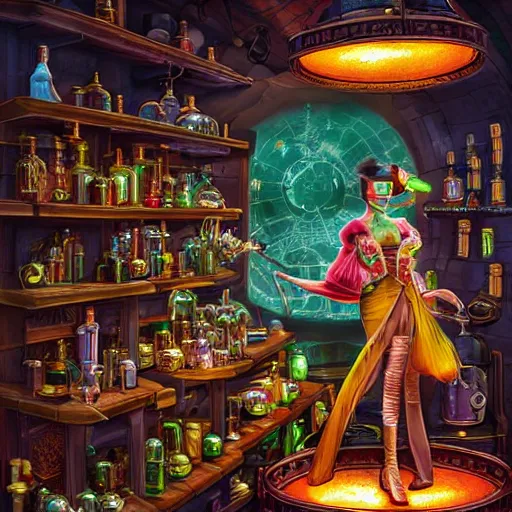 Image similar to a beautiful stunning interesting photorealistic digital illustration of a woman wearing steampunk safety goggles while mixing potions, in a potion shoppe, colorful bottles and plants, awesome and moody afrofuturism by marc poole and tyler edlin