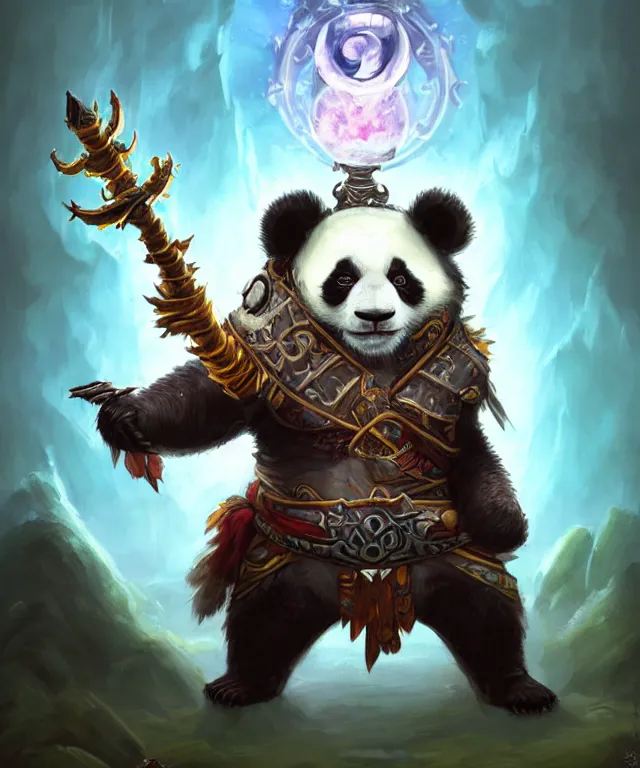 Prompt: a portrait an anthropomorphic panda shaman casting a spell, wearing 1 0 storms armor, landscape in background, dnd character art portrait, world of warcraft style, by peter mohrbacher, cinematic lighting