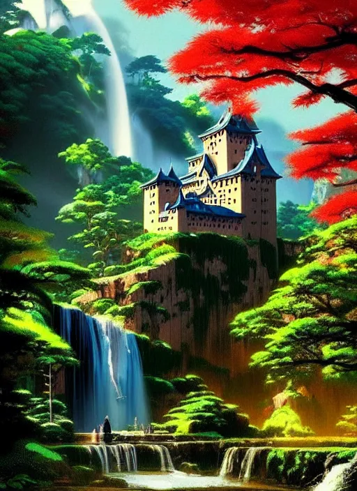 Prompt: magical castle, waterfall, river, scenery wallpaper aesthetic, anime style, beautiful, cinematic, dramatic, super detailed and intricate, hyper realistic, by koson ohara, by darwyn cooke