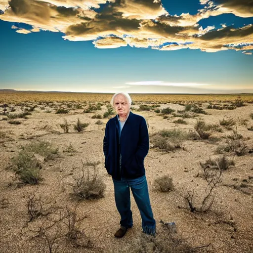 Image similar to portrait of cormac mccarthy standing in the texas desert at night. realistic zeiss lens 3 5 mm golden hour