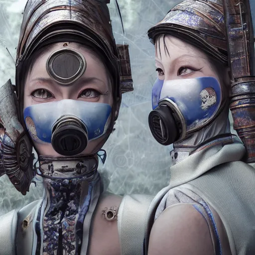 Image similar to japanese solarpunk model in a ceremony with extremely detailed respirators and head gear, inspired by die antwoord beautiful, hand painted textures, cloth physics, deviantart, karol bak, masamune shirow, black and white, beautiful kawaii lighting, photorealistic, concept art, perfect render, 3 d render, pixar, 8 k