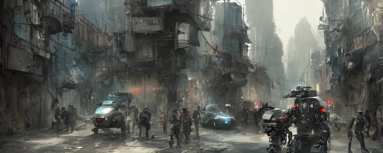 Prompt: a robotic police with robot drone, slums downtown street, concept art, artstation, dystopian matte painting, hyper realistic, art by feng zhu, cinematic