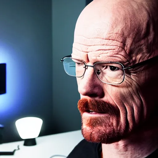 Image similar to dslr photo of walter white as a twitch streamer, playing video games, room lit with leds. he is screaming at the screen. realism, sharp focus, volumetric lighting