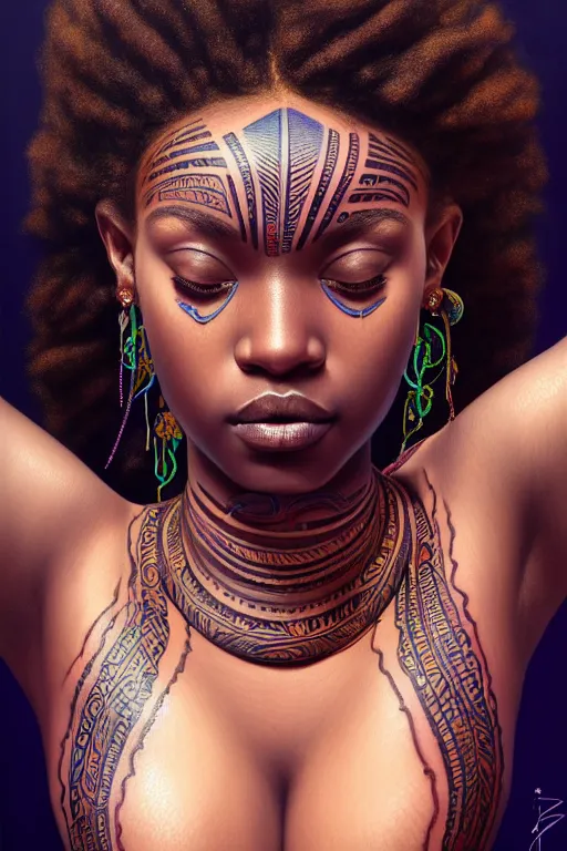 Image similar to body portrait of beautiful nubian ancestral tribal tattooed young pincess, underwater photography full body portrait of a young beautiful woman swimming low angle by terry o'neill intricate, elegant, highly detailed, digital painting, artstation, concept art, smooth, sharp focus, illustration, art by artgerm and greg rutkowski and alphonse mucha, 8 k