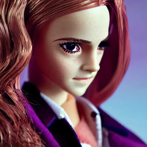 Image similar to photograph of emma watson barbie doll, detail closeup, studio lighting