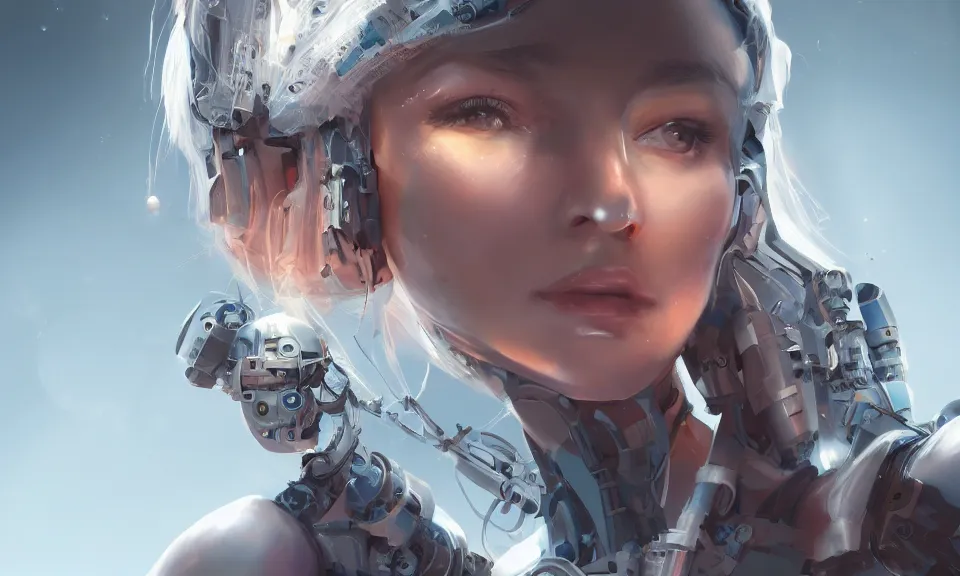 Image similar to portrait of beautiful girl with robot body, close up, portrait, cinematic, elegant, artstation, intricate, highly detailed, digital painting, artstation, concept art, sharp focus, illustration, cyberpunk, cgsociety, 8 k