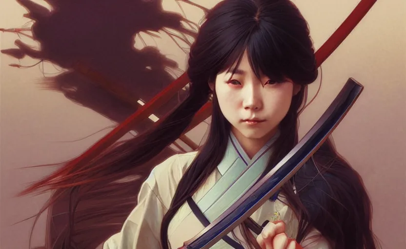 Prompt: Japanese shool girl holding a katana, sci-fi, highly detailed, digital painting, artstation, concept art, smooth, sharp focus, illustration, art by artgerm and greg rutkowski and alphonse mucha