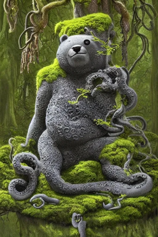 Prompt: surreal, fully covered with moss and vines grey stone statue of a bear!! with octopus!!! tentacles!, covered with moss and small flowers, in the old garden!!, trees and plants, concept art, highly detailed, sharp focus, masterpiece, painting, digital art, by yerka, by artgerm, by kinkade