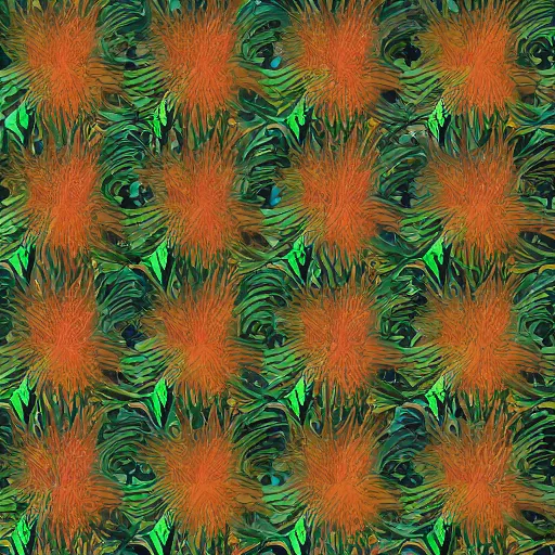 Prompt: chaos pattern + technology + multi material + 8k, on top of tropic leaf background