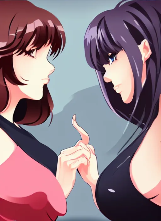 Prompt: two beautiful mothers face to face taunting each other, office clothes, gorgeous faces, smooth, cinematic lighting, detailed anime art