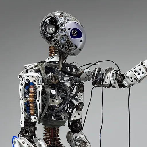 Prompt: humanoid robot made of old broken parts and wires, hyper realistic, high quality, high resolution