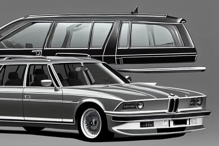 Image similar to intricate, 3 d, 1 9 7 9 shark nose bmw 7 series two - door wagon estate, style by caspar david friedrich and wayne barlowe and ted nasmith.