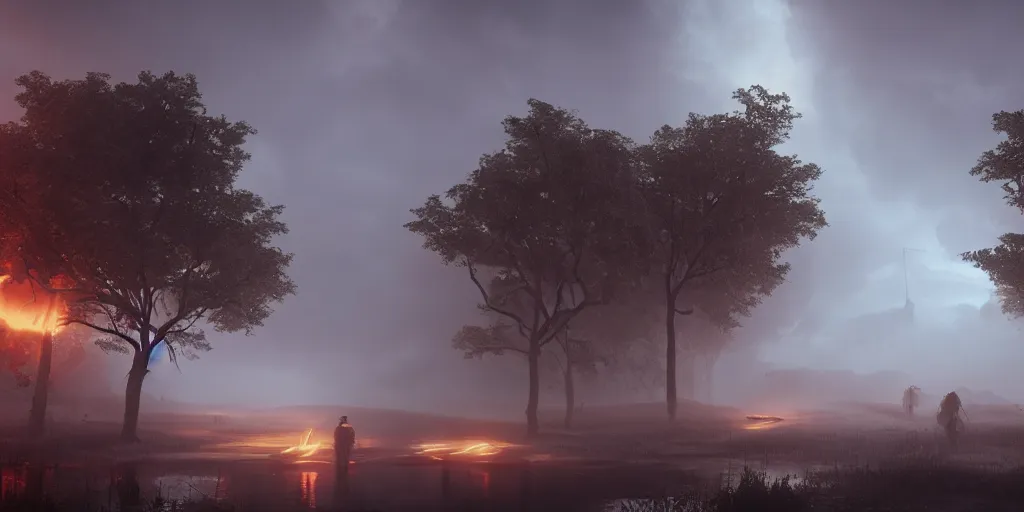 Image similar to valhalla, fog, amazing lightning art, fog, octane render, ray tracing, realistic fire sharp focus, long shot, 8 k resolution, cinematic