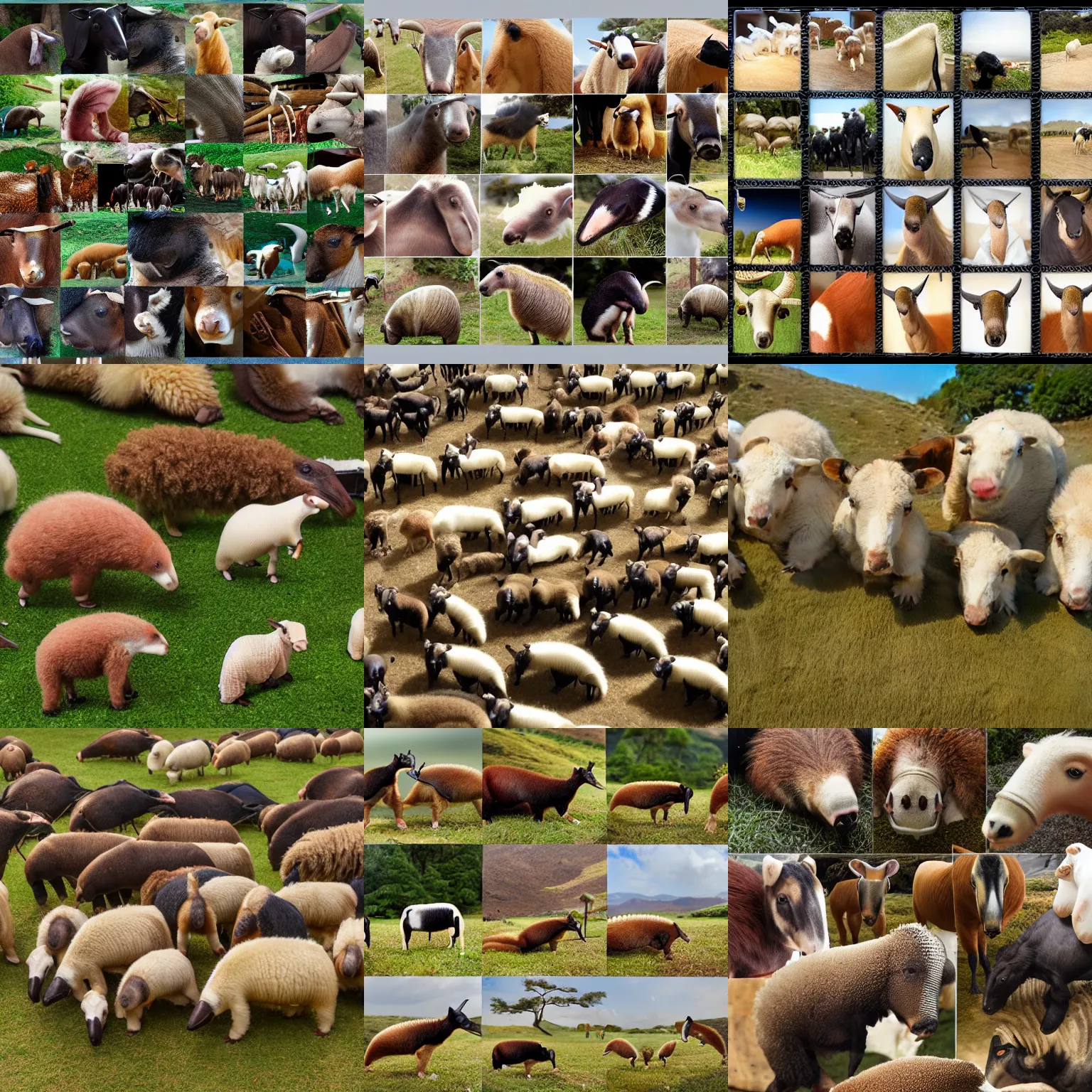 Prompt: a group of animals including anteaters, cows, sheep, chickens, dogs, cats. hyperrealistic, realistic, 1 6 mm wide angle