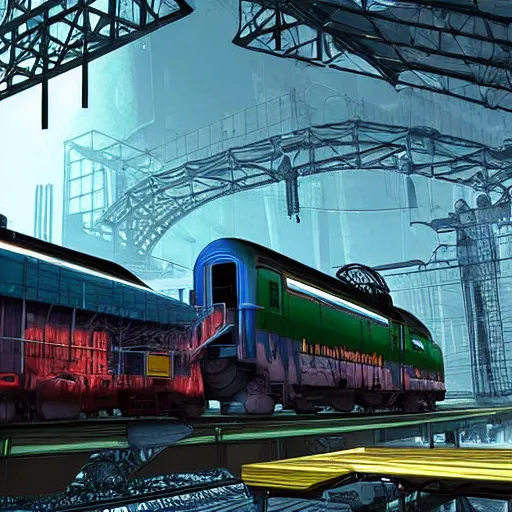 Image similar to Immense industrial futuristic train arrives at cyber punk city station, cinematic lighting,