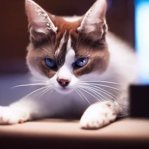 Image similar to cute snowshoe cat taking a nap at the bar, cinematic lighting,