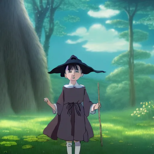 Image similar to A young adult witch with a cottage-core aesthetic, Hayao Miyazaki, character design, fantasy, 8k resolution