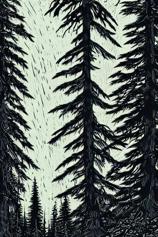 Image similar to a beautiful woodcut print of a canadian mountain forest, 8 k, frostbite 3 engine, cryengine, dof, trending on artstation, digital art, crepuscular ray, art by fossi _ images and tugboat printshop