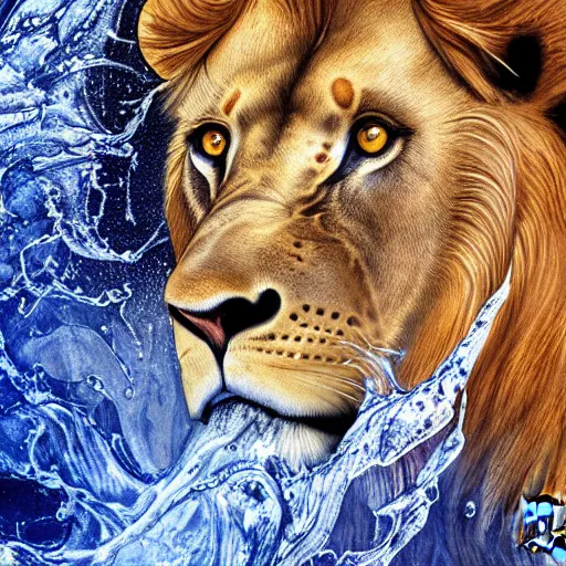 Image similar to a male lion's face breaching through a wall of water, water sprites, splashing, deep blue water color, highly detailed, realistic digital art