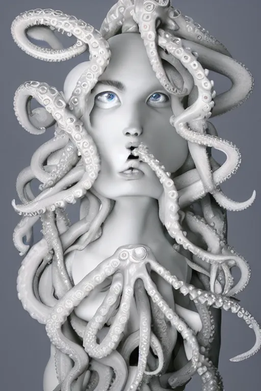 Image similar to full head and shoulders, beautiful porcelain female person, with many eyeballs, smooth, delicate facial features, white detailed eyes, white lashes, 3 d white shiny thick, large octopus tentacles and eyeballs by daniel arsham and james jean