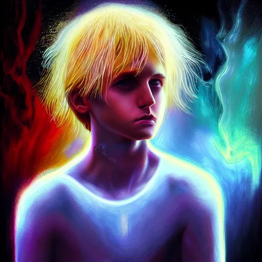 Prompt: powerful eyes glowing highly detailed painting of deep sadness alone, young blonde boy spiritual portrait, fractal electricity surrounding him, expressive emotional sadness piece, trending on art station, abstract emotional sadness expression, very very very beautiful, fantasy digital art, visionary art, magical fantasy 2 d concept art