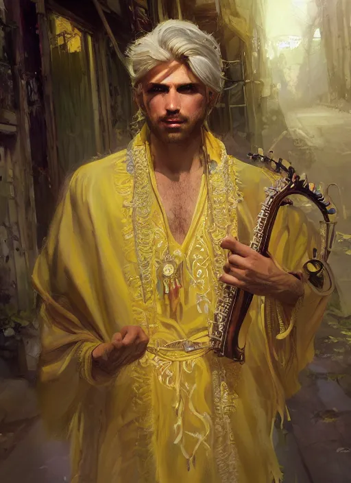 Image similar to a beautiful detailed painting of a gypsy male bard in colorful ornate robes robes, pale skin, white hair, yellow eyes, master of dreams art by jon foster trending on artstation painted by greg rutkowski, painted by stanley artgerm