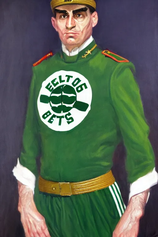 Image similar to full body portrait of the dictator of the boston celtics, 1 9 5 5, in full military garb, oil on canvas by william sidney mount, trending on artstation