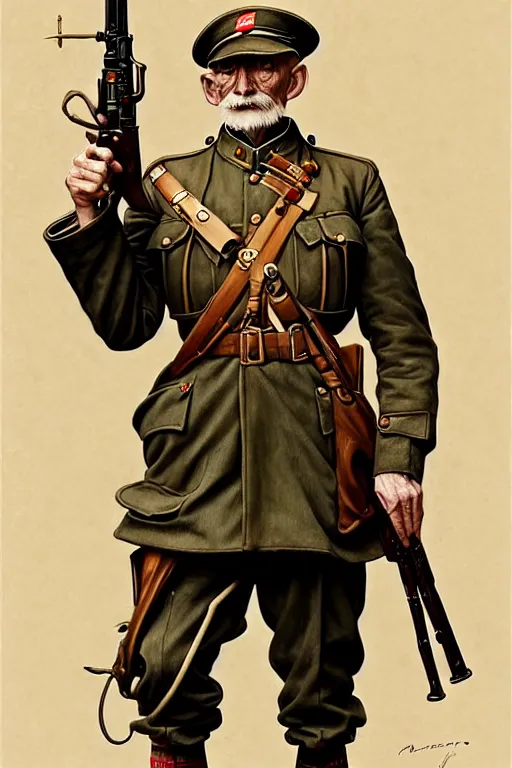 Prompt: old male, world war 1 uniform, marksman, fantasy highly detailed, intricate, smooth, art by joseph leyendecker, peter mohrbacher, ruan jia, marc simonetti, ayami kojima, cedric peyravernay, alphonse mucha, victo ngai