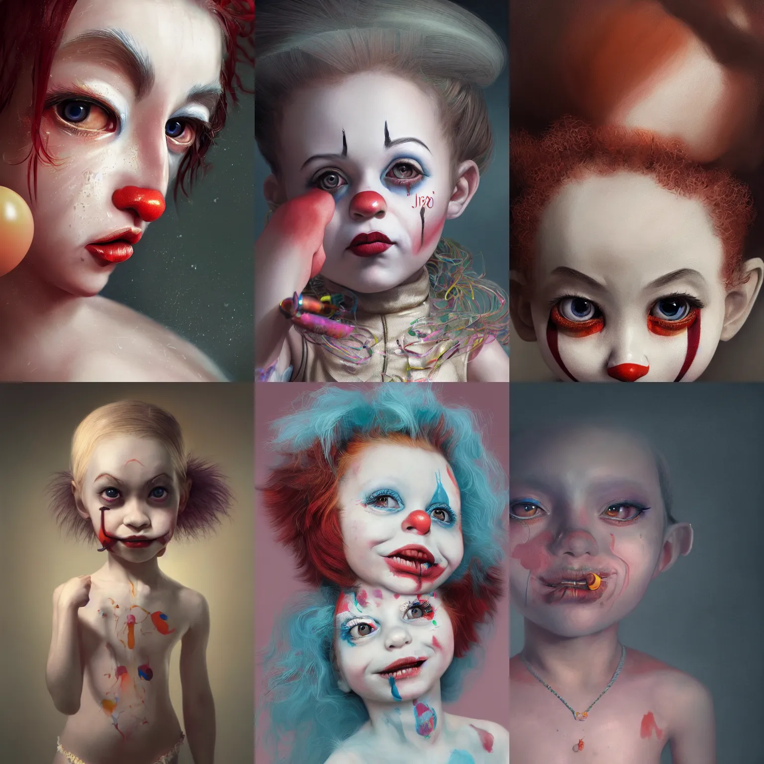 Prompt: breathtaking detailed painting of tiny clown girl , with anxious, piercing eyes, art by Hsiao-Ron Cheng, hyperrealistic, octane render, ambient light, dynamic lighting