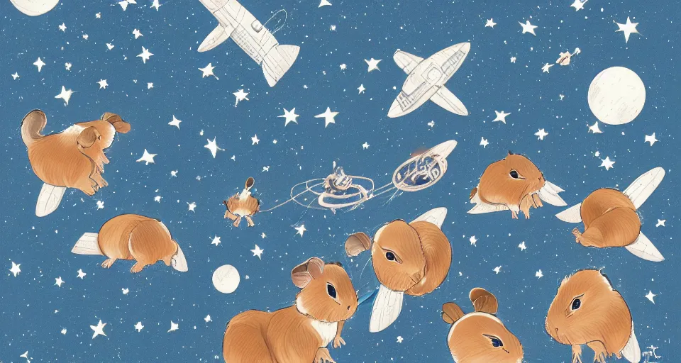 Image similar to back view of many baby guineapigs on the cover of vogue magazine flying in space suits, deep dark universe, twinkling and spiral nubela, warmhole, beautiful stars, 4 k, 8 k, by hokusai, samurai man vagabond, detailed, editorial illustration, matte print, concept art, ink style, sketch, digital 2 d