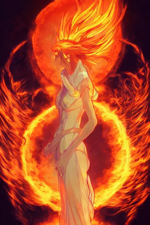 Image similar to a beautiful render of a beautiful female fire sprite, flames, anime, manga, a beautiful face, perfectly shaded, atmospheric lighting, style of makoto shinkai, raphael lacoste, louis comfort tiffany, artgerm, karol bak, james jean, alphonse maria mucha