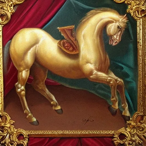 Prompt: baroque style painting, rococo of a brown horse, super detailed, super colorful