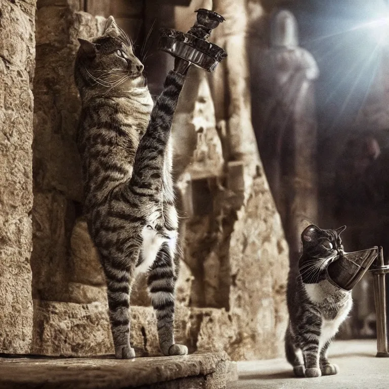 Image similar to an amazing award winning photo of a cat as a knight templar protecting the holy grail, very detailed and sharp, 4k hdr, cinematic masterpiece