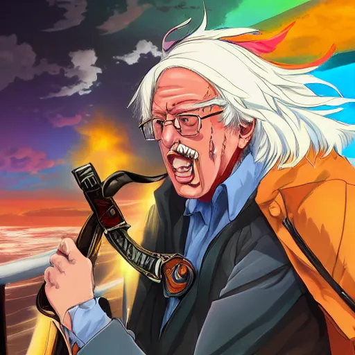 Image similar to bernie sanders as a shonen protagonist standing on the deck of a pirate ship, eye patch, colorful parrot, anime style, intricate, highly detailed, digital painting, artstation, concept art, 4 k