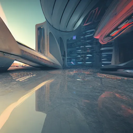 Prompt: futuristic spaceship in the middle of the abandoned concrete temple, ground-level view, puddles of water, stunning volumetric lighting, sunset, trending on Artstation, 8k, photorealistic, hyper detailed, unreal engine 5, cinematic, epic lighting, cryengine, octane render, cyberpunk, red and orange glow, dark, gloomy, foggy