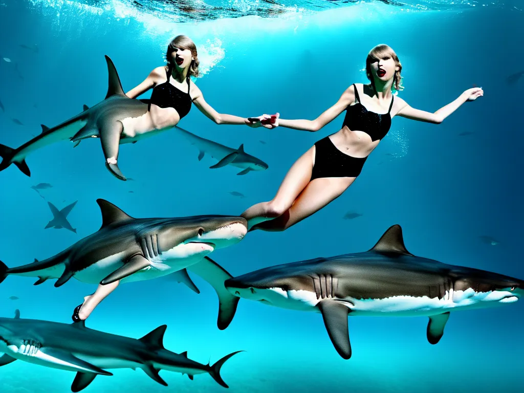 Prompt: taylor swift swimming with sharks in the sea 4 k photograph