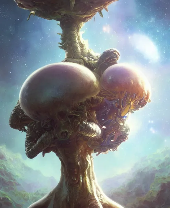 Image similar to portrait of an alien fungus creature, adorable, childlike, milky way environment, ultra realistic, concept art, cheerful, photorealistic, octane render, 8 k, unreal engine. art by christopher marley and artgerm and greg rutkowski and alphonse mucha