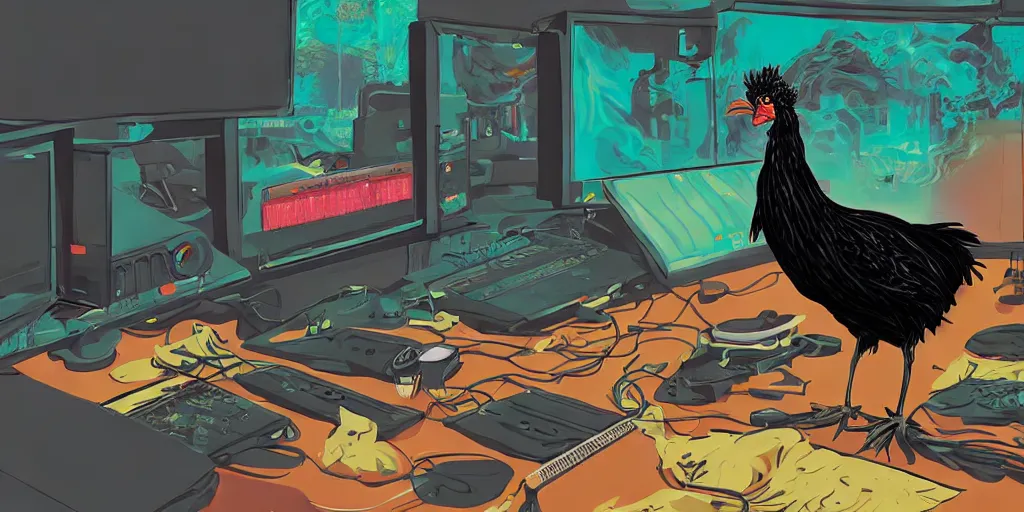 Image similar to 'black chicken'!!! smoking 'cannabis'!!!!!! in front of 'audio console'!!!! and 'multi monitors'!!!! 'in a hi-tech tv broadcasting studio'!!!!, artwork by James Gilleard