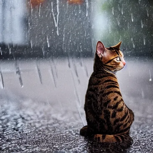 Image similar to an upset cat drinking whiskey under rain and thinking about her ex
