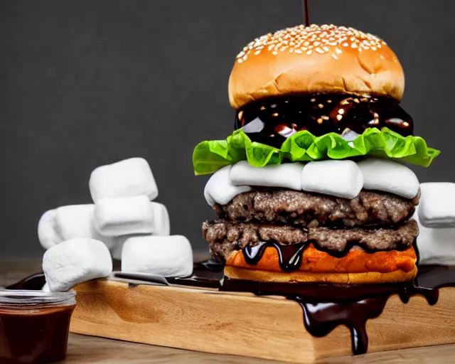 Image similar to dslr food photograph of burger with some marshmallows in it, some chocolate sauce, 8 5 mm f 1. 4