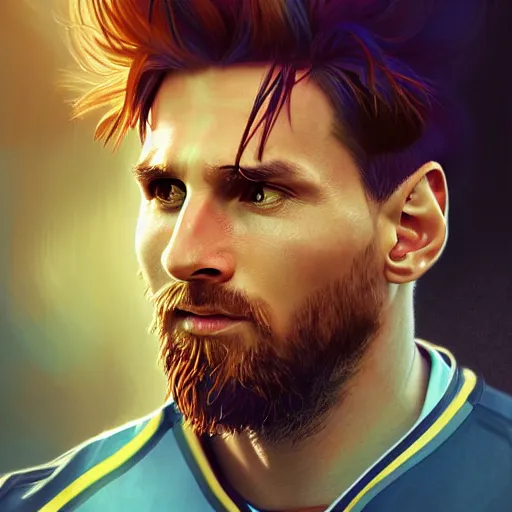 Image similar to leo messi, character art, wearing soccer jersey, cinematic lighting symmetrical facial features, from arknights, hyper realistic, 4 k, rule of thirds, extreme detail, detailed drawing, trending artstation, realistic lighting, by alphonse mucha, greg rutkowski, short neck