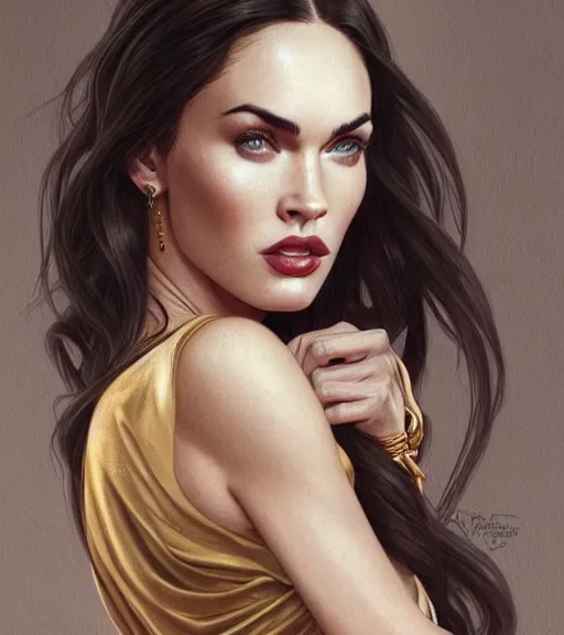 Prompt: a megan fox wearing a golden dress, grey hair, red necktie, cinematic, stunning, highly detailed, digital painting, artstation, smooth, hard focus, full body shot, illustration, art by artgerm and greg rutkowski and alphonse mucha