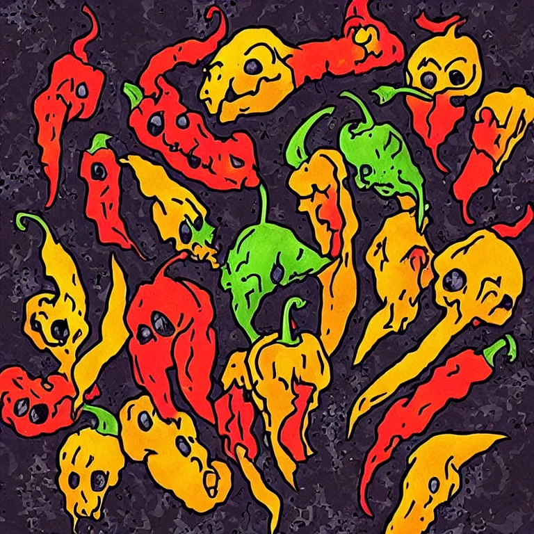 Prompt: “ ghost peppers stacked up in the style of the art of hylics ”