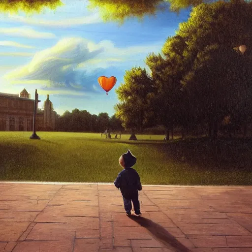 Prompt: high - angle view, shot from 5 0 feet distance, baby yoda strolls plays on a seesaw in a city park. a balloon vender in the background. dramatic clouds, setting sun. golden hour, oil on canvas painting, detailed, depth, volume, chiaroscuro, quiet intensity, serene.