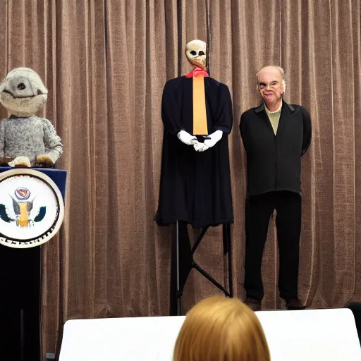 Image similar to president marionette with puppeteer in a podium giving a press conference