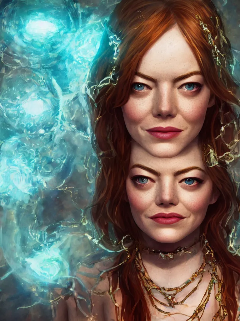 Image similar to close up portrait of emma stone as a beautiful female goddess with glowing necklace, stone courtyard background fantasy atmosphere, decolletage, confident pose, coherent, insane detail, concept art, character concept, cinematic lighting, global illumination radiating a glowing aura