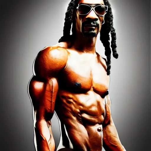 Image similar to snoop dogg with the physique of a body builder, hyper realistic, ultra detailed, cinematic, dynamic lighting, photorealistic, refined, intricate, digital art, digital painting, masterpiece, 8k